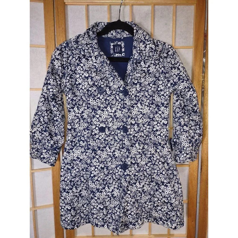 Baby Gap Toddler Size 4 Floral Trench Coat Navy White Double Breasted Jacket